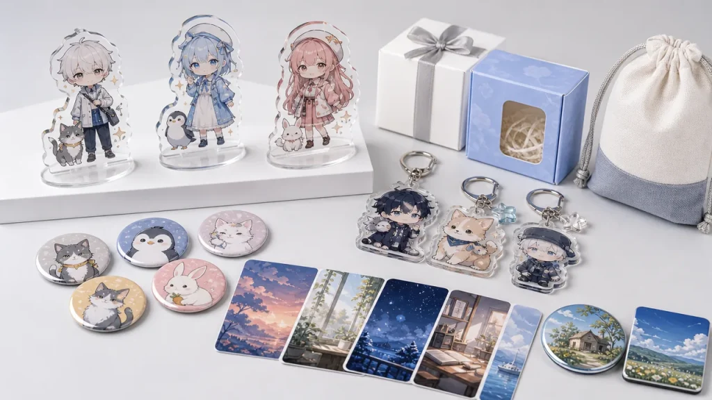 Custom merchandise factory sample display for anime merchandise, idol goods, souvenirs and bulk OEM products.