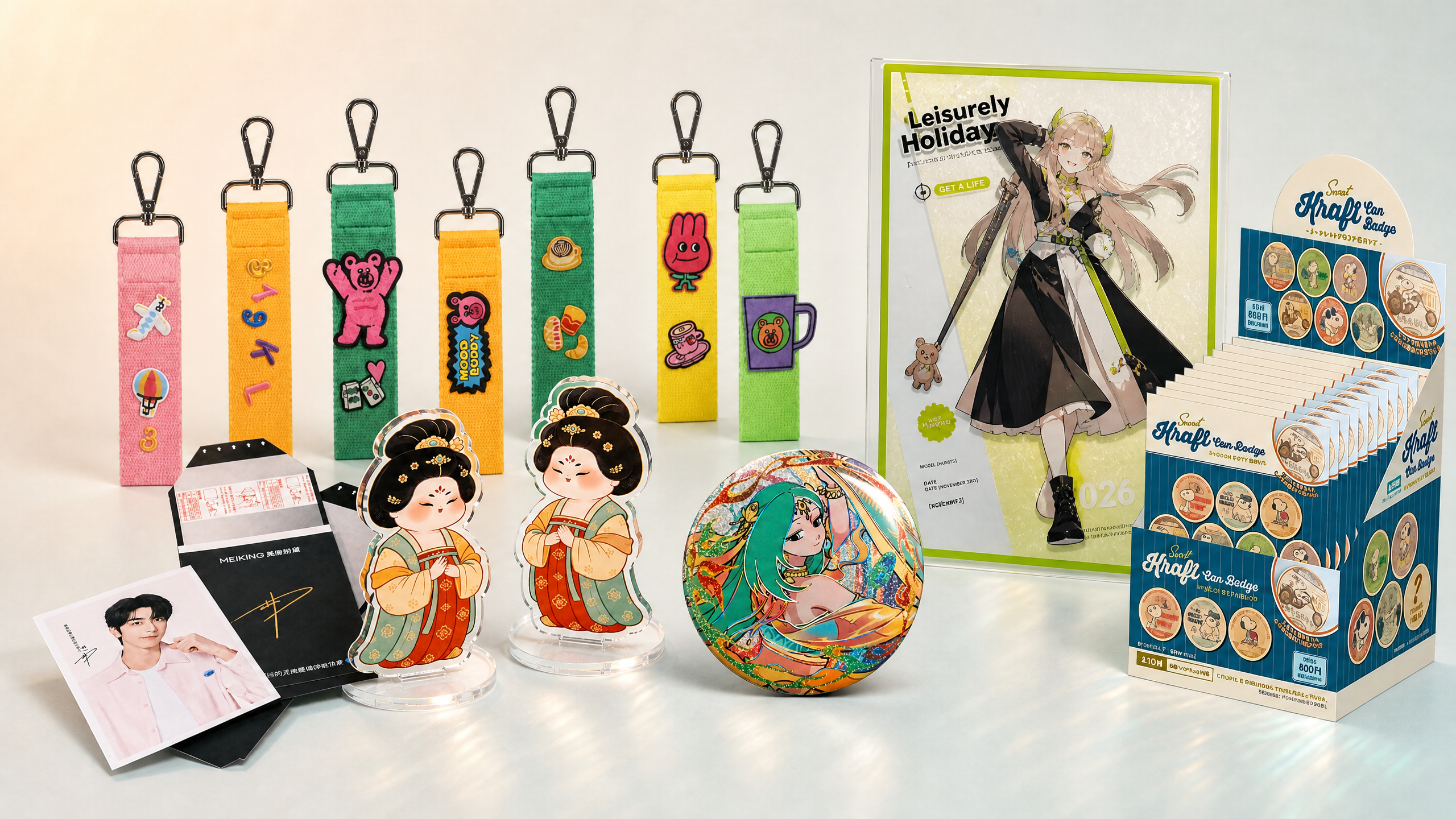 Onsite trade show giveaway display table with acrylic charms, button badges, acrylic standees, photo cards, blind boxes and plush toys