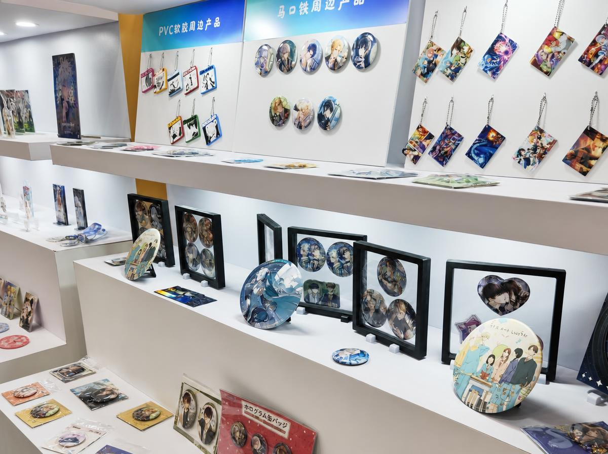 周边产品定制品类，包括亚克力立牌、钥匙扣、吧唧、韩式小卡、毛绒样品和包装